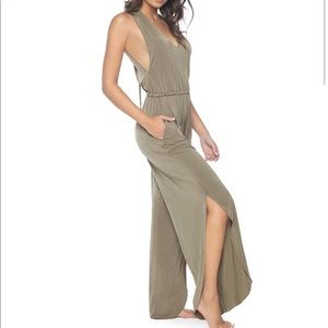 Pilyq Olive Green Sleeveless Side-Slit Maxi Jumpsuit
